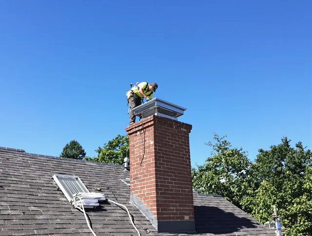 North Ridgeville Chimney Sweep technician measuring a chimney cap in North Ridgeville, OH